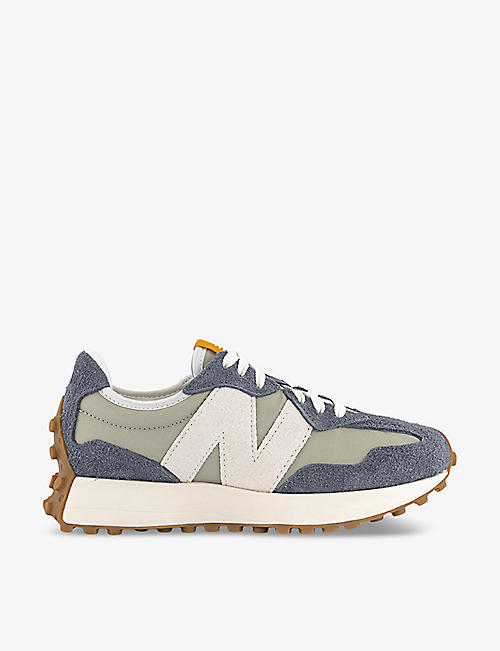 NEW BALANCE: 327 logo-embroidered suede and woven low-top trainers