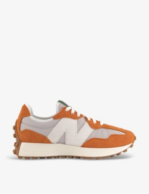 Shop New Balance Women's Classic Orange Grey 327 Logo-embroidered Suede And Woven Low-top Trainers