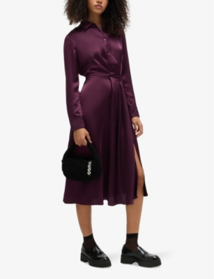 HUGO BOSS WOMENS MEDIUM PURPLE DRAPE-FRONT SATIN MIDI DRESS 