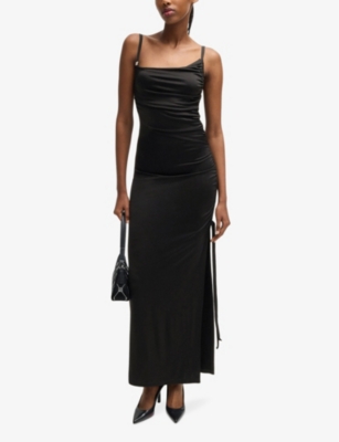 HUGO: Asymmetric-neckline ruching stretch-woven maxi dress