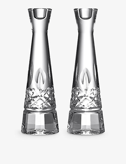 WATERFORD: Lismore round crystal-glass candle sticks 25cm set of two
