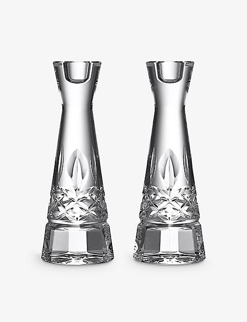 WATERFORD: Lismore round crystal-glass candle sticks 20cm set of two