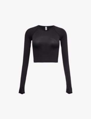 Shop Lululemon Women's Black/black Swiftly Tech 2.0 Cropped Recycled-polyester Top