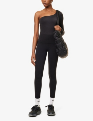 Shop Lululemon Women's Black Wundermost Asymmetric-shoulder Stretch-woven Bodysuit