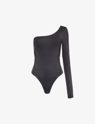 Shop Lululemon Women's Black Wundermost Asymmetric-shoulder Stretch-woven Bodysuit
