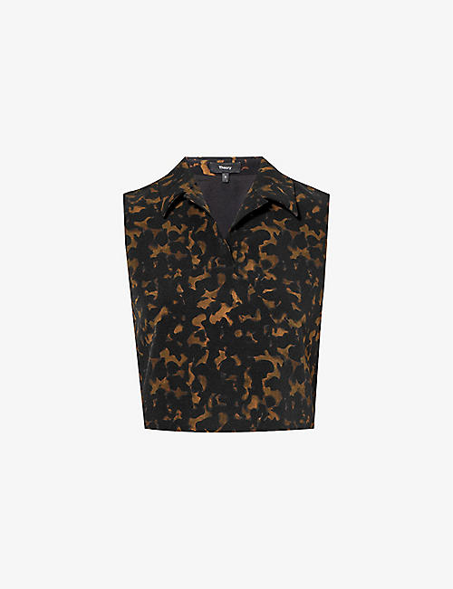 THEORY: Abstract-print cropped stretch-woven polo shirt