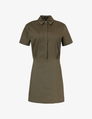 Theory Womens Dark Olive Pleated Collared Woven Mini Dress