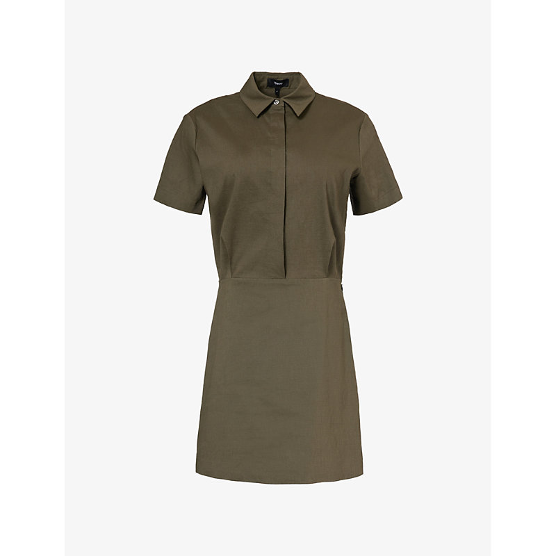 Theory Womens Dark Olive Pleated Collared Woven Mini Dress
