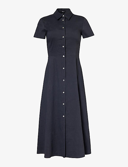 THEORY: A-line collared stretch linen-blend midi dress