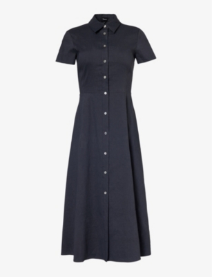 Theory Good Linen Short-sleeve Button-front Midi Shirt Dress In Concord