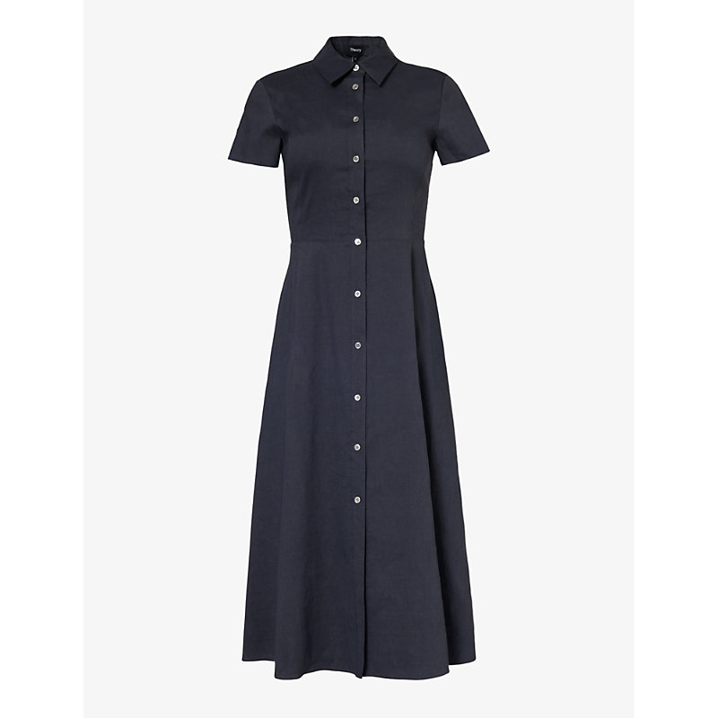 Shop Theory A-line Collared Stretch Linen-blend Midi Dress In Concord