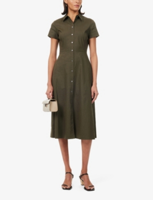 Shop Theory Womens Dark Olive A-line Collared Stretch Linen-blend Midi Dress