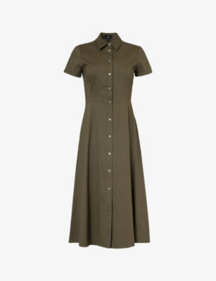 Shop Theory Womens Dark Olive A-line Collared Stretch Linen-blend Midi Dress