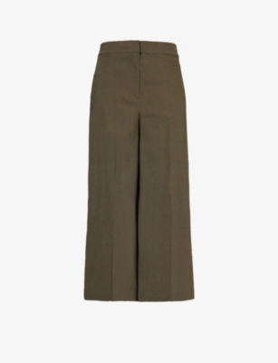 Shop Theory Women's Dark Olive Wide-leg Mid-rise Cropped Linen-blend Cropped Trousers