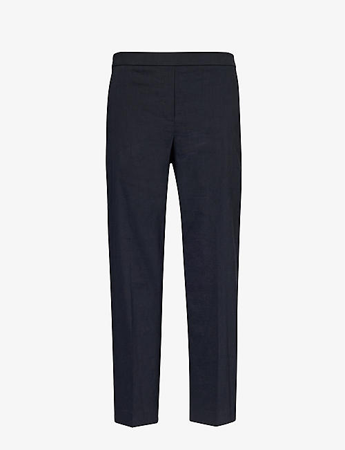 THEORY: Treeca pull-on tapered-leg mid-rise linen-blend trousers