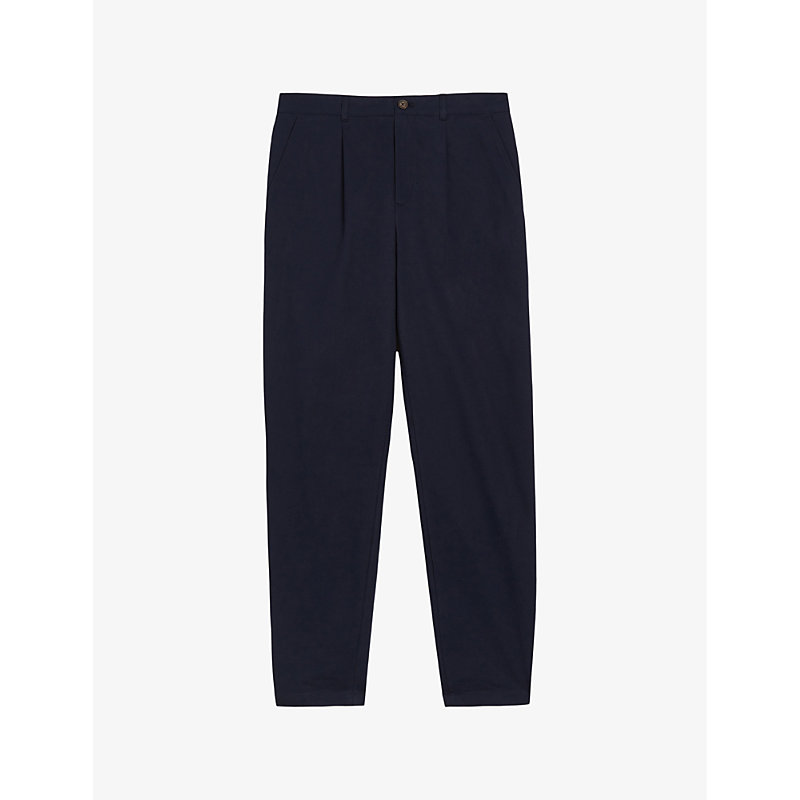 Shop Ted Baker Holmer Regular-fit Tapered-leg Cotton-blend Trousers In Navy