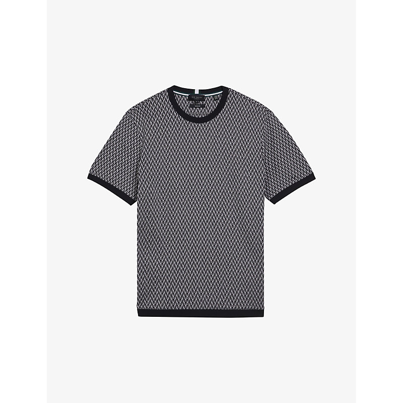 Shop Ted Baker Finity Geometric-jacquard Cotton T-shirt In Black