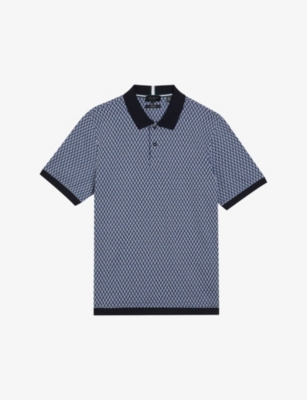Shop Ted Baker Skelt Geometric-jacquard Cotton Polo Shirt In Blue
