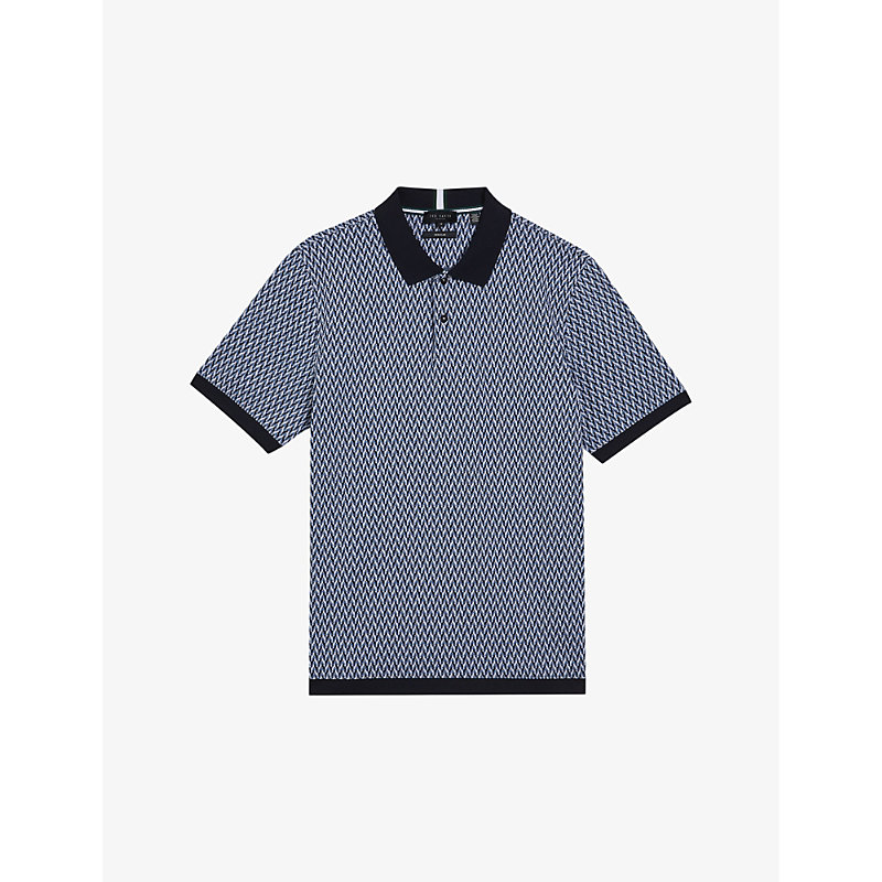 Shop Ted Baker Men's Blue Skelt Geometric-jacquard Cotton Polo Shirt