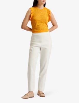Shop Ted Baker Women's Orange Frill-shoulder Burnout Floral-pattern Woven Top