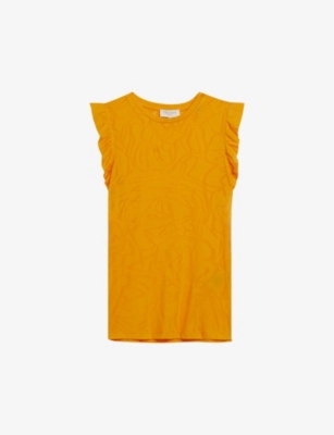 Shop Ted Baker Women's Orange Frill-shoulder Burnout Floral-pattern Woven Top