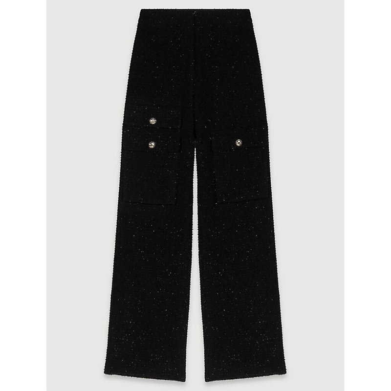 Shop Maje Womens Noir / Gris High-rise Flared-leg Tweed Cotton-blend Trousers