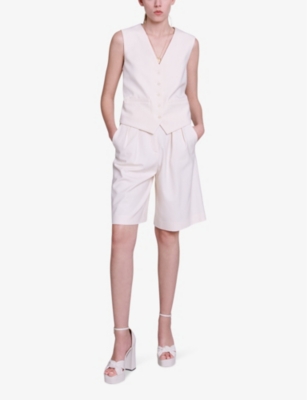 Shop Maje Women's Blanc Wide-leg High-rise Pleated Stretch-woven Shorts