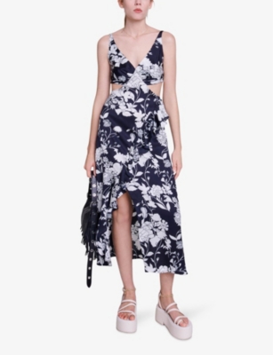 Shop Maje Women's Noir / Gris Floral-print Cut-out Woven Midi Dress
