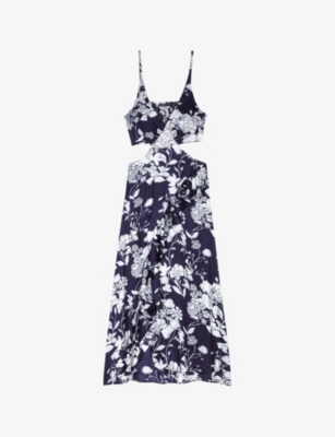 Maje Womens Noir / Gris Floral-print Cut-out Woven Midi Dress