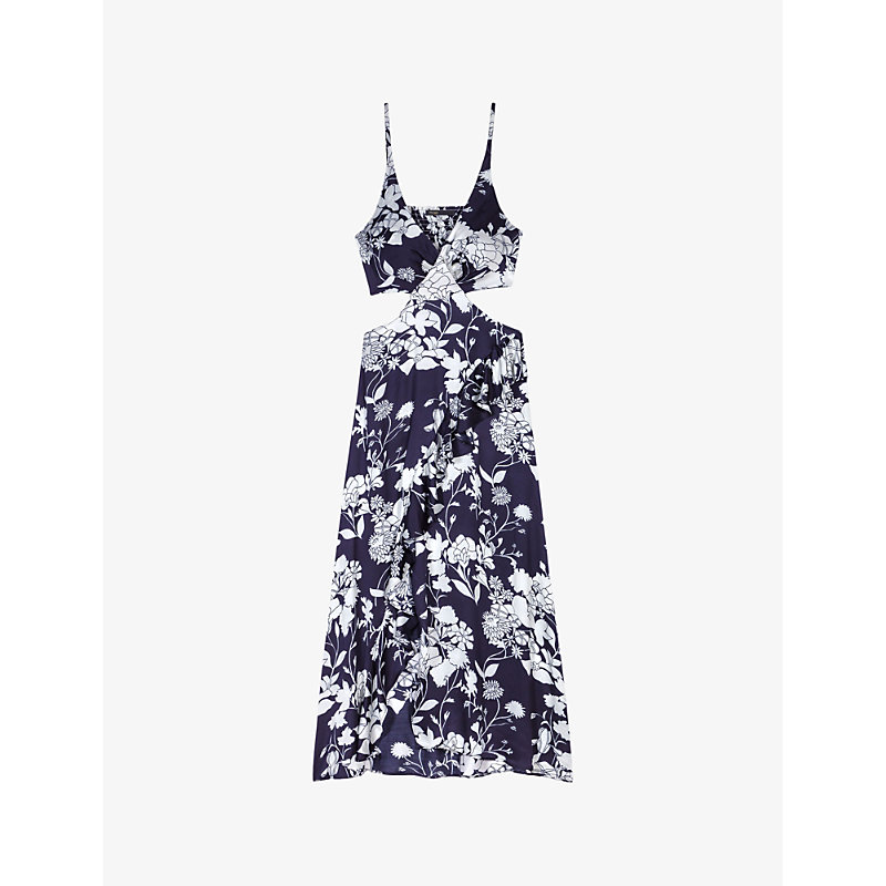 Maje Women's Noir / Gris Floral-print Cut-out Woven Midi Dress