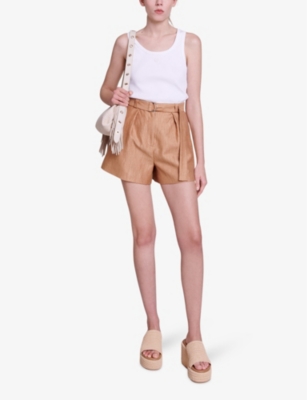 Shop Maje Women's Marron/brown Pleated Belted Linen-blend Shorts