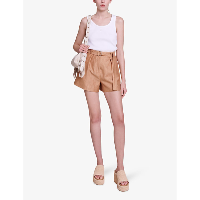 Shop Maje Women's Marron/brown Pleated Belted Linen-blend Shorts