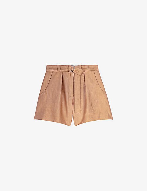 MAJE: Pleated belted linen-blend shorts