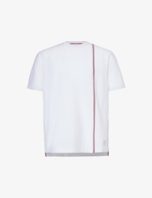 Shop Thom Browne Men's White Brand-stripe Crewneck Cotton-jersey T-shirt
