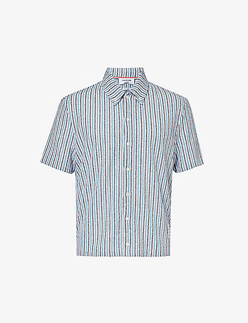 THOM BROWNE: Stripe-pattern short-sleeve regular-fit cotton-knit shirt