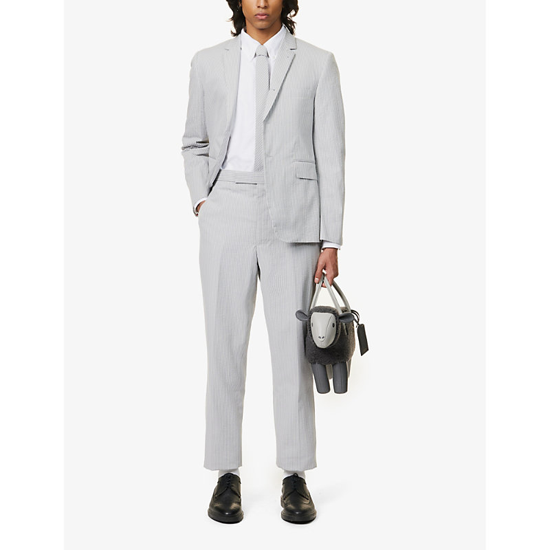 Shop Thom Browne Men's Lt Grey Striped Brand-tab Wide-leg Low-rise Cotton-seersucker Trousers