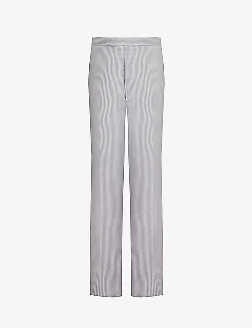 THOM BROWNE: Striped brand-tab wide-leg low-rise cotton-seersucker trousers