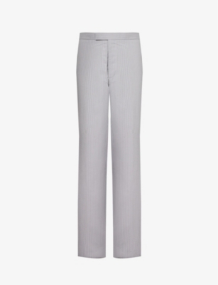 Shop Thom Browne Striped Brand-tab Wide-leg Low-rise Cotton-seersucker Trousers In Lt Grey