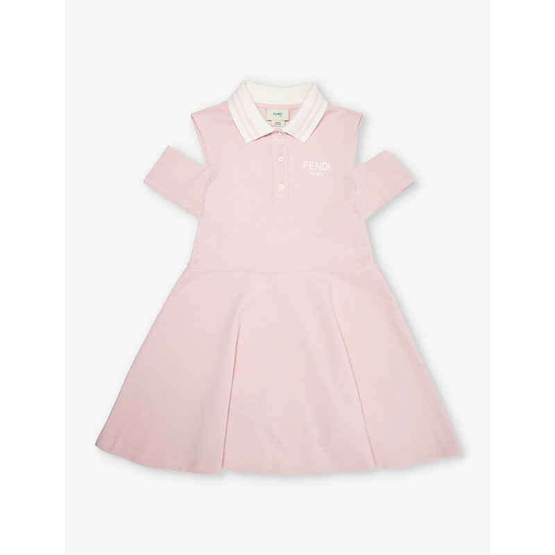 Shop Fendi Brand-embroidered Cut-out Shoulder Cotton-piqué Polo Dress 6-12 Years In Rosa Confetto