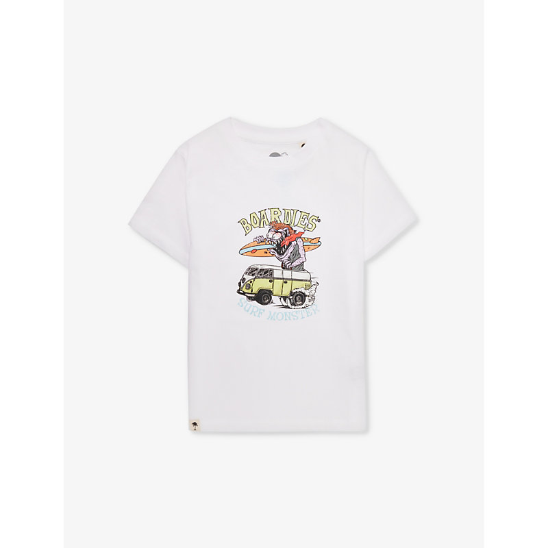 Boardies Boys White Kids Surf Monster Graphic-print Organic Cotton-jersey T-shirt 3-13 Years
