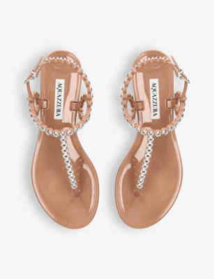 Shop Aquazzura Womens Blush Almost Bare Crystal-embellished T-bar Jelly Sandals