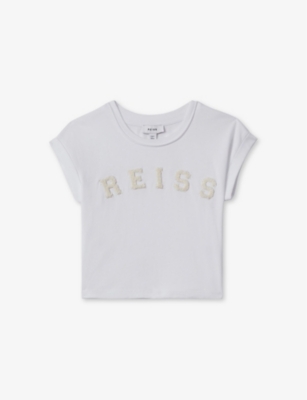 Shop Reiss Boys White Kids Taya Cropped Varsity Cotton T-shirt 4-14 Years