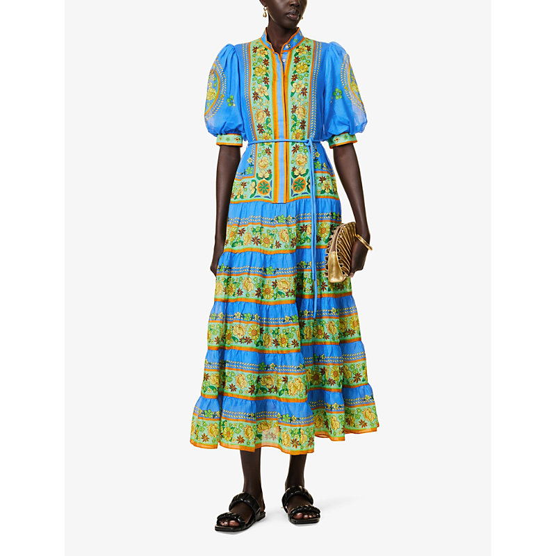 Shop Alemais Linda Floral-print Woven Midi Dress In Cobalt