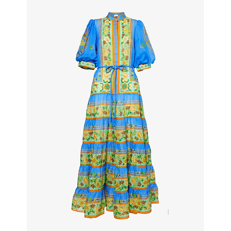 Shop Alemais Linda Floral-print Woven Midi Dress In Cobalt