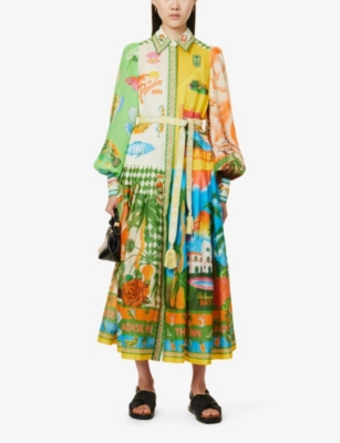 Shop Alemais Paradiso Graphic-print Linen Midi Dress In Multi