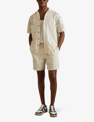 REISS: Pallas floral-crochet short-sleeve cotton-blend shirt