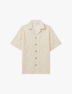 REISS: Pallas floral-crochet short-sleeve cotton-blend shirt