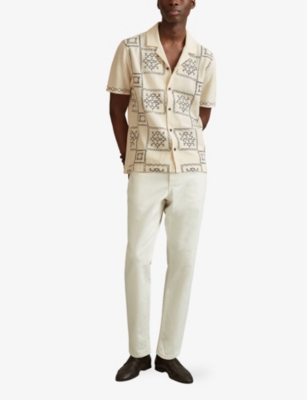 Shop Reiss Cosmos Embroidered Regular-fit Stretch-cotton Shirt In Ecru/navy