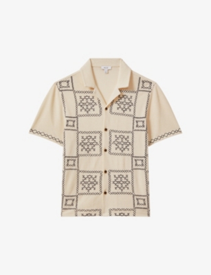 Shop Reiss Mens Ecru/navy Cosmos Embroidered Regular-fit Stretch-cotton Shirt