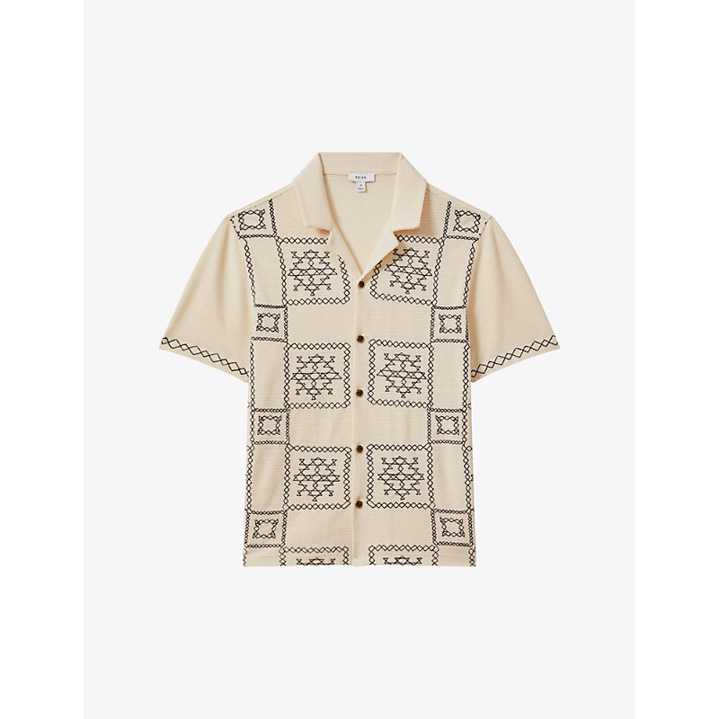 Shop Reiss Men's Ecru/navy Cosmos Embroidered Regular-fit Stretch-cotton Shirt